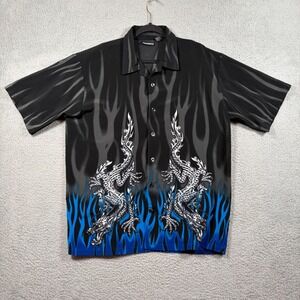 Y2K ODO Dragon Flame Men's L Button Up Shirt Black Blue Silver Vtg Skater Tribal